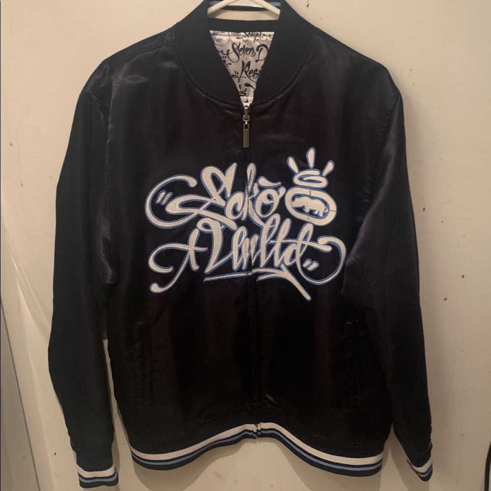Super Cool Dark Blue Ecko Unlimited Satin Zip Up Jacket W/ Graffiti Tag Design